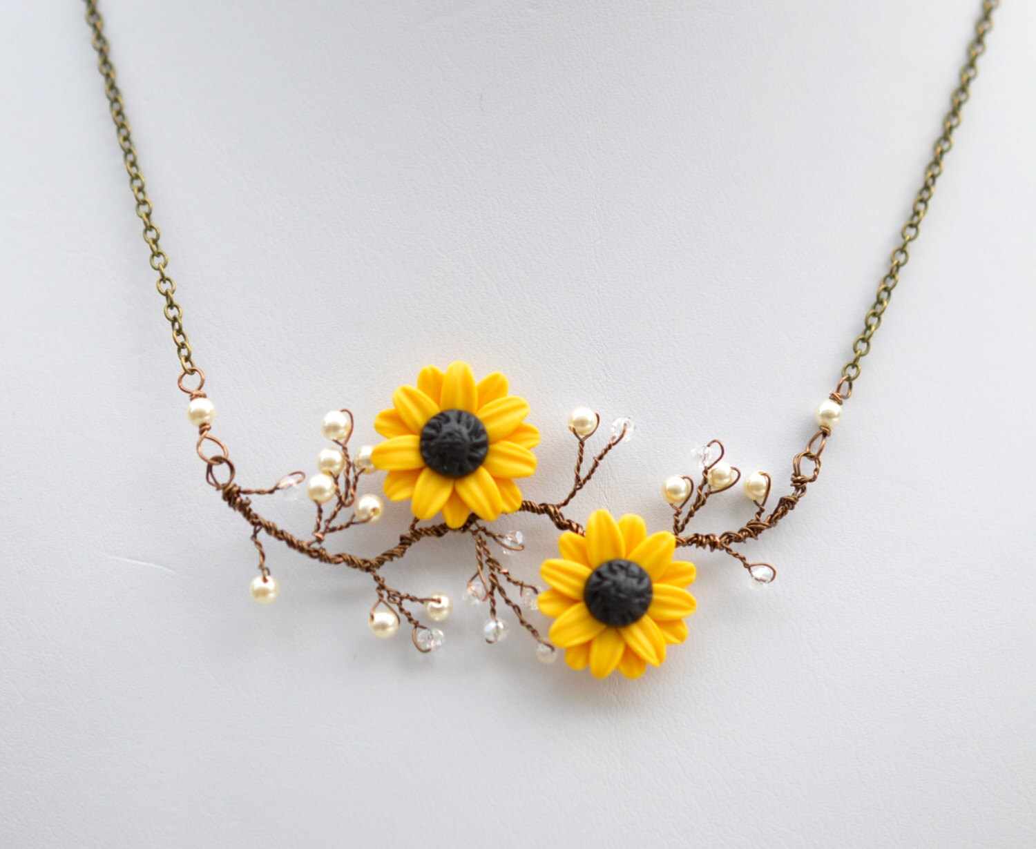Yellow Sunflower Vine necklace. Double Sunflower Necklace.