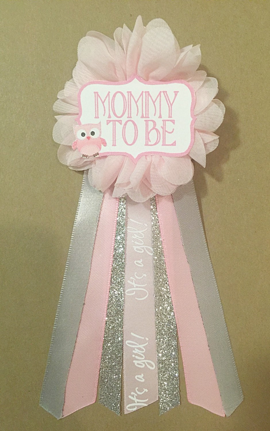 Pink Owl Silver Baby Shower Pin mommy to be pin Flower Ribbon