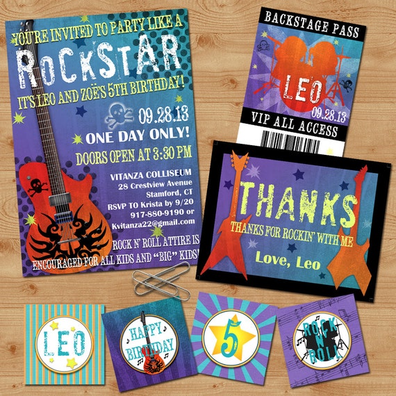 Rockstar Birthday Party Suite- Party Like a Rockstar - Rock N Roll, Guitars, Drums, Music, Skulls - Custom, Digital, Printable designs Il_570xn