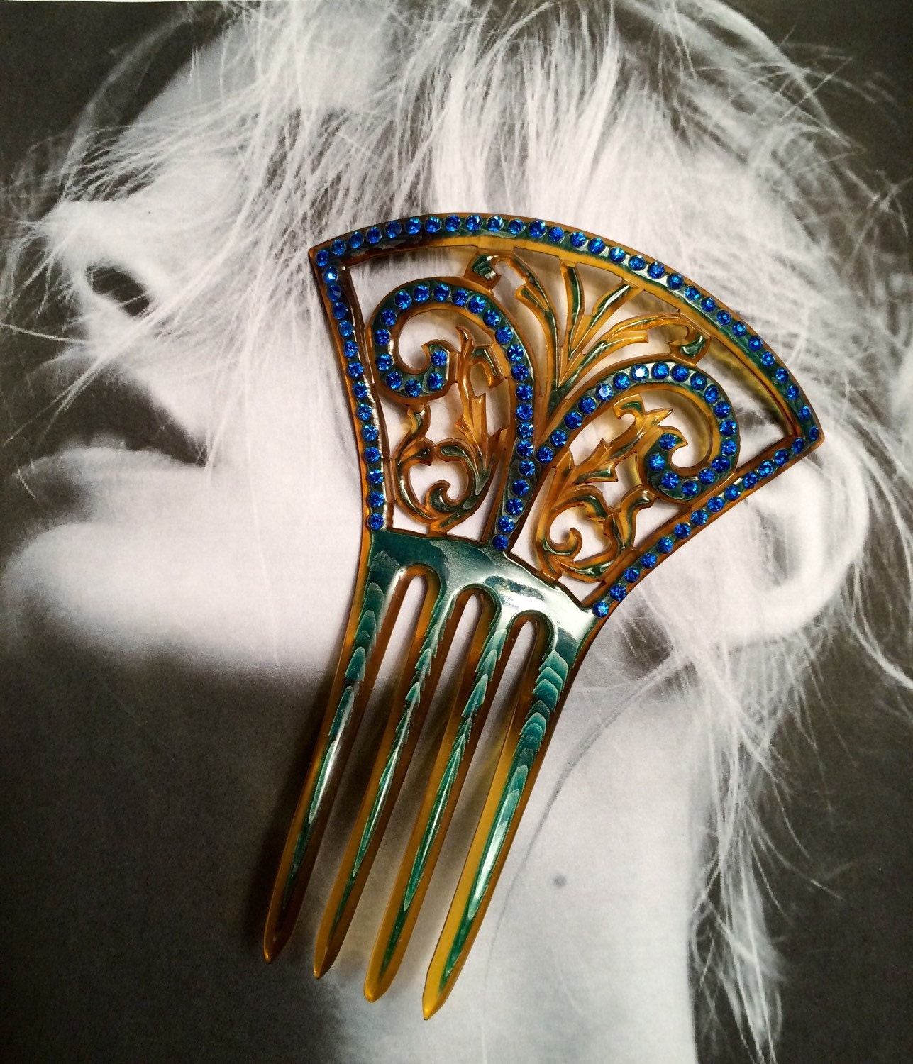 1920’s Blue Green Art Deco Celluloid Rhinestone Hair Comb – Haute Juice