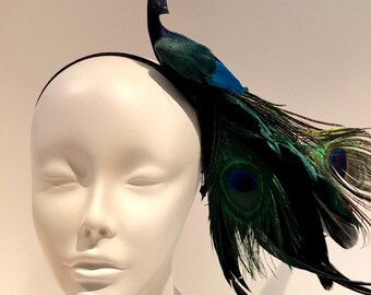 Peacock Fascinator- Bird Fascinator- Feather Headband- Peacock Headpiece- Mad Hatter Party- Derby fascinator- Peacock Costume- Bird HeadBand
