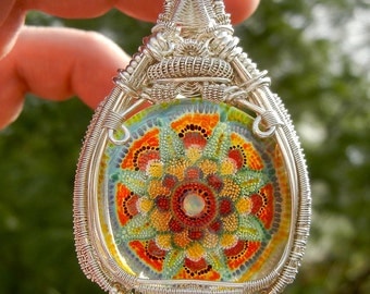 Heady Glass Pendant, Heady Wire Wrap, Statement Pendant, Dot Implosion Glass, Wire Wrapped Pendant, Mandala Pendant, Boro Pendant, Large