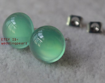 light green jade earrings,clean 10mm jade earrings,birthday lucky stone,Cabochon Gemstone post studs,light green bead ear rings stud