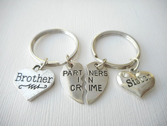 2 Partners in Crime Brother Sister Best Friend Keychains/