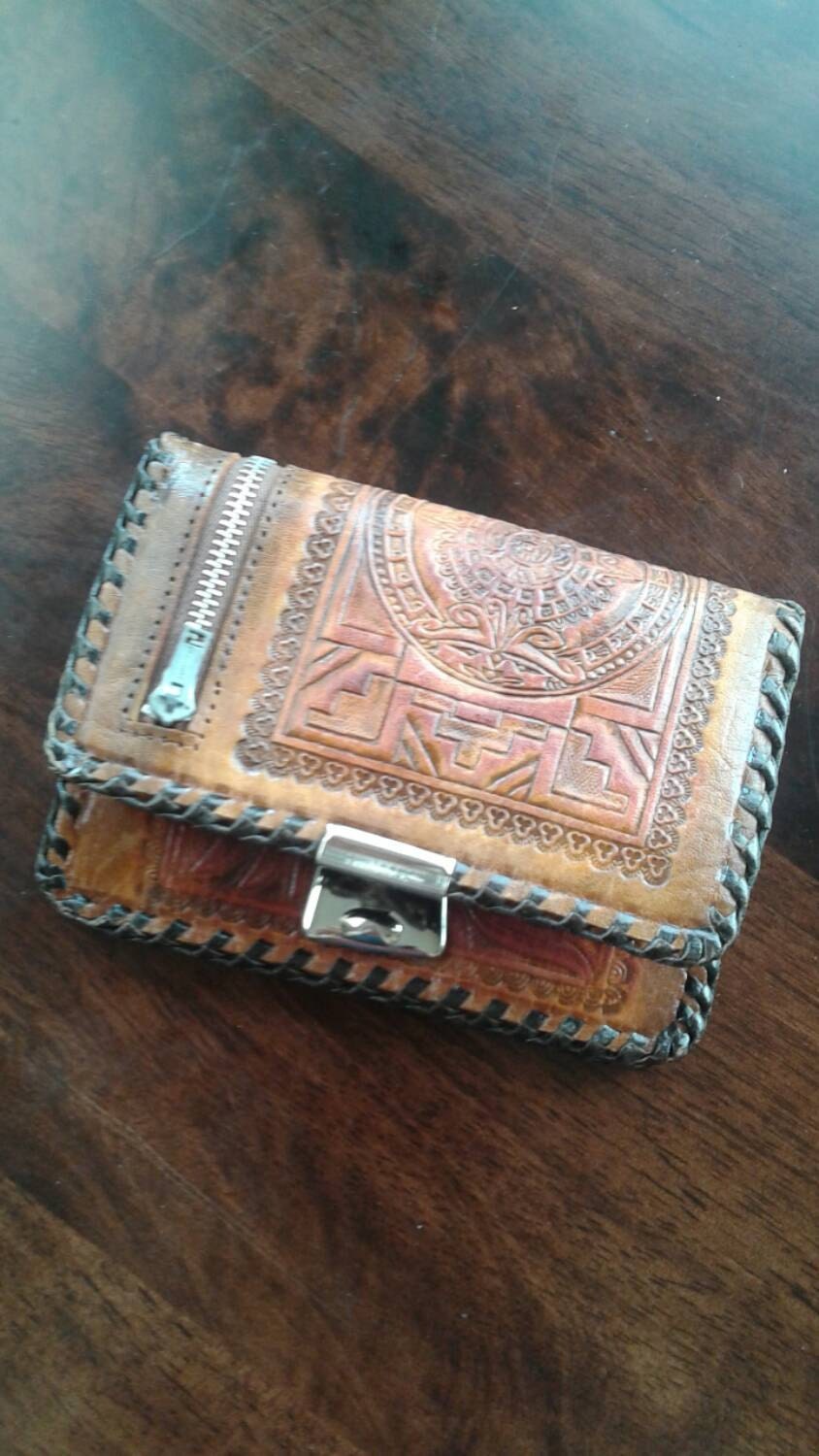 Tooled Mexican Wallet Leather Brown Vintage