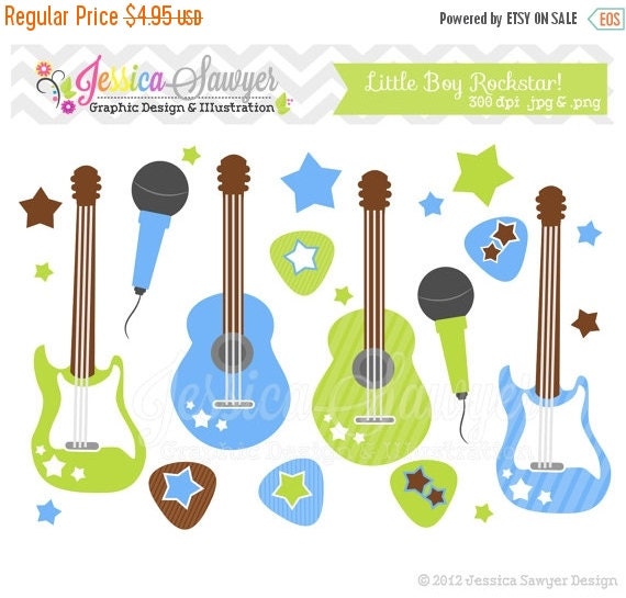 80% OFF - INSTANT DOWNLOAD, Little boy rockstar clip art - guitar clipart - baby shower graphics - digital scrapbook - invitation - stars Il_570xn