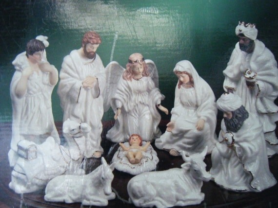 Vintage Porcelain Nativity Set Of 10 Figures With Wood Base   Il 570xN.1002280453 Ci3v 