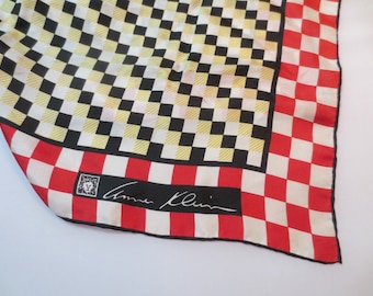 Vintage Silk Scarf by Anne Klein for Robinson & Golluber, 26" by 26" Made in Japan, Red/White/Black/Yellow, a few small stains