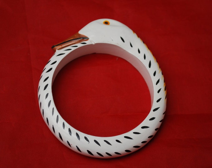 Wood Carved Duck Bangle - Painted white black yellow - animal bracelet