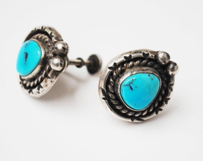 Native American Earrings - Sterling Turquoise - 40's Screw Backs Old Pawn