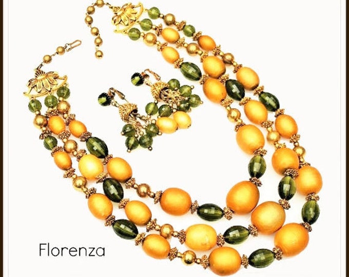 FLORENZA Necklace and Earring - Triple strand Orange Green Beads - clip on earrings - Vintage jewelry set