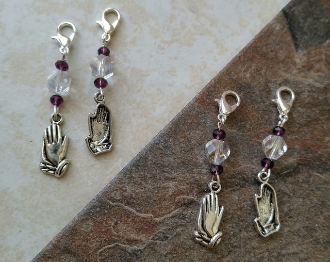 Praying hands charms, amythest beads, purse chop on, purple and amythest