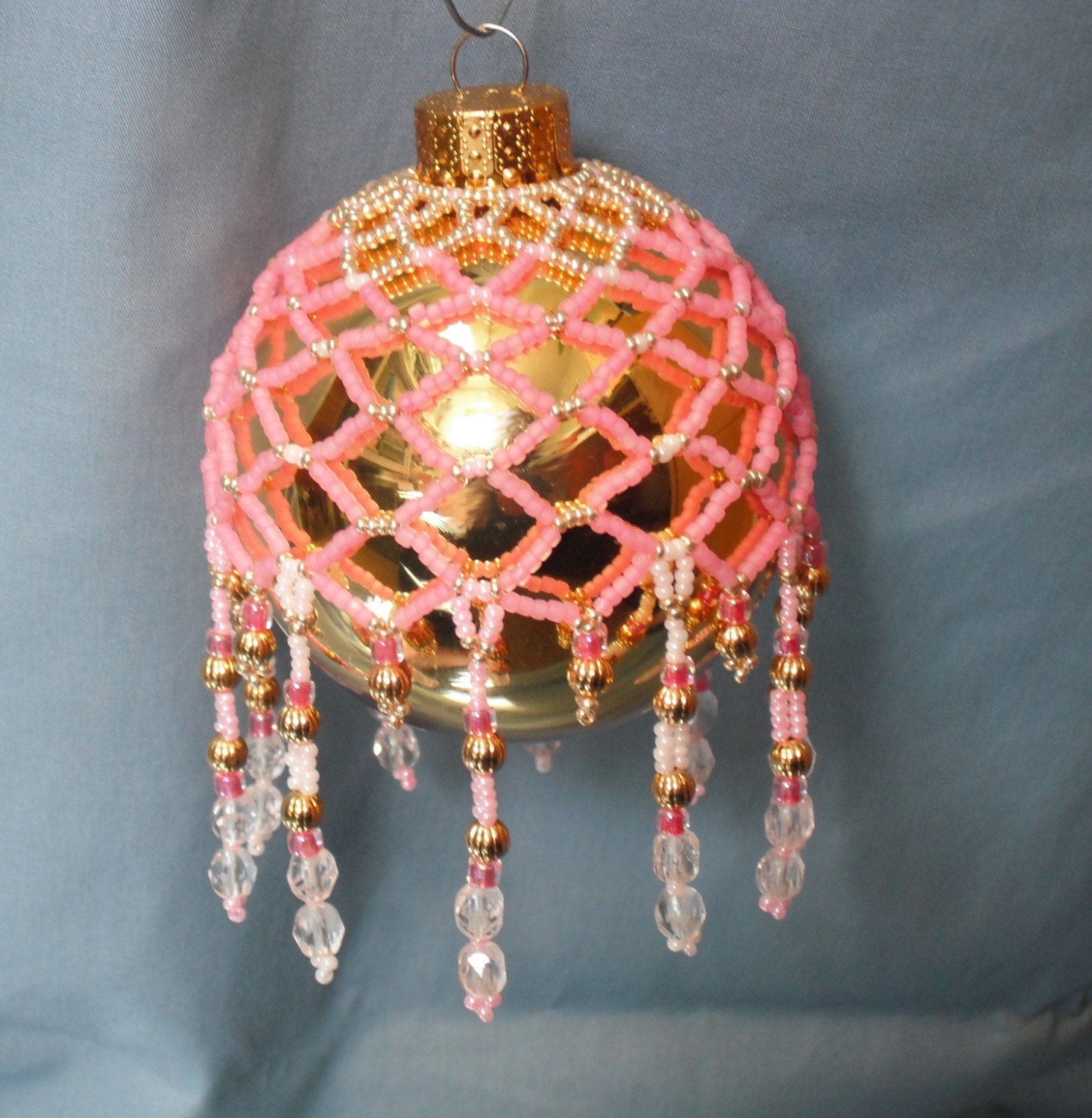 Seed beaded Christmas ornament pink and gold by LindysFancies
