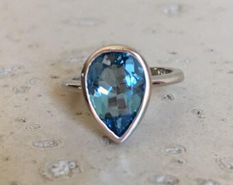 London Blue Topaz Ring- Dark Blue Engagement Ring- Something Blue Promise Ring- December Birthstone Ring- Pear Shape Ring- Simple Blue Ring