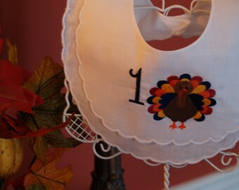 First Thanksgiving Turkey Baby Girl or Boy Double Scalloped Linen Bib trimmed in white