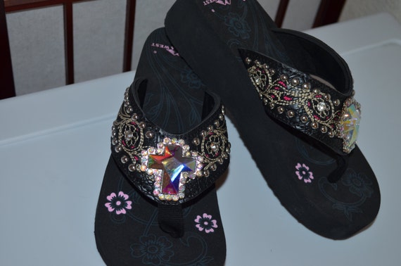 Black Flip Flops with White/Hot Pink by BlingBlingbyCyndi on Etsy