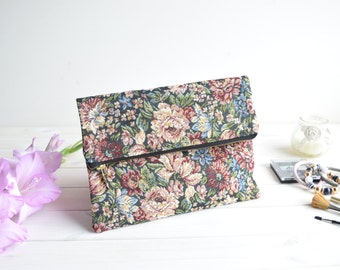 Floral fold over clutch, zipped clutch, foldover clutch, fold over purse, purse, bridesmaids clutch, wedding evening bag, faux leather