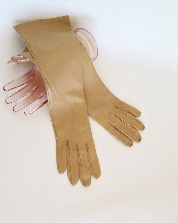 Vintage Long Leather Gloves Womens Tan Gloves Silk Lined