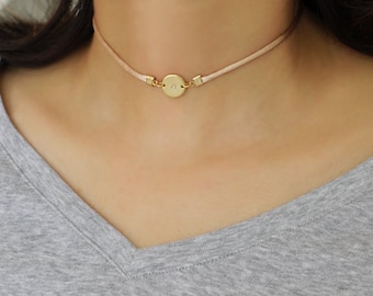 Initial Choker Necklace Personalized Choker Necklace Silver Gold Disc Charm Choker Satin Silk Cord Choker Necklace Mimimal Short Necklace