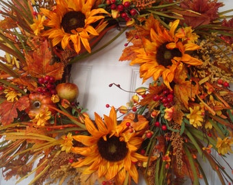 Fall wreath, autumn wreath, sunflower wreath, fall door wreath, fall decoration, outdoor wreath, front door wreath, Thanksgiving wreath