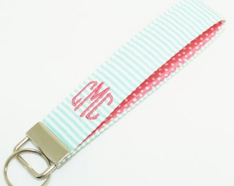 Monogrammed Seersucker Key Fob- Wristlet Key Chain in Choice of Colors - Confetti Dot Interior - Embroidered
