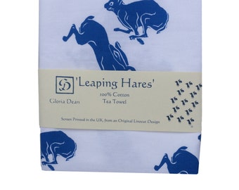 Large cotton Tea Towel with Leaping hares pattern