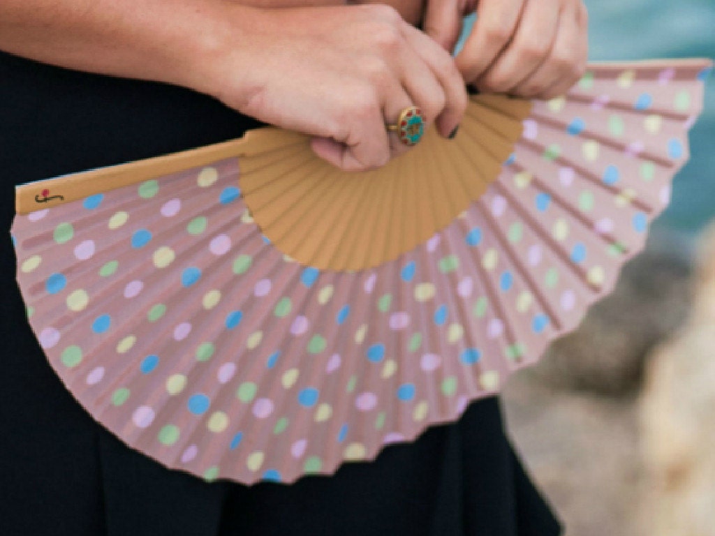Designer FOLDING HAND FAN 50s Retro style polka dots
