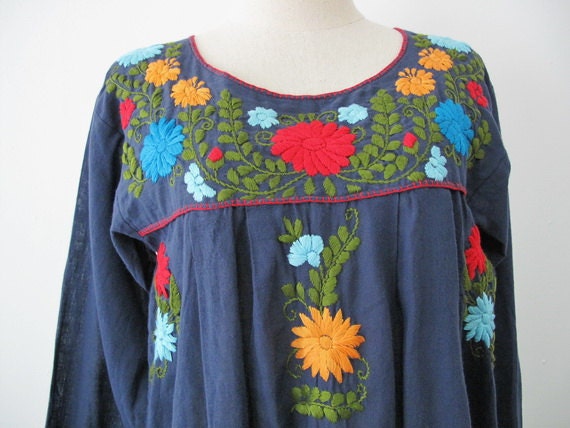 Embroidered Mexican Dress Long Sleeve Cotton Tunic In Blue