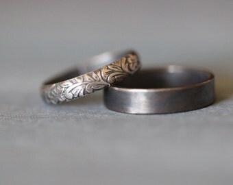 SOPHIE: Wedding Rings, Set, Wedding Bands, Sterling Silver, Botanical, Leaves, Vines, His and Hers, Rustic, Bohemian, Made To Order