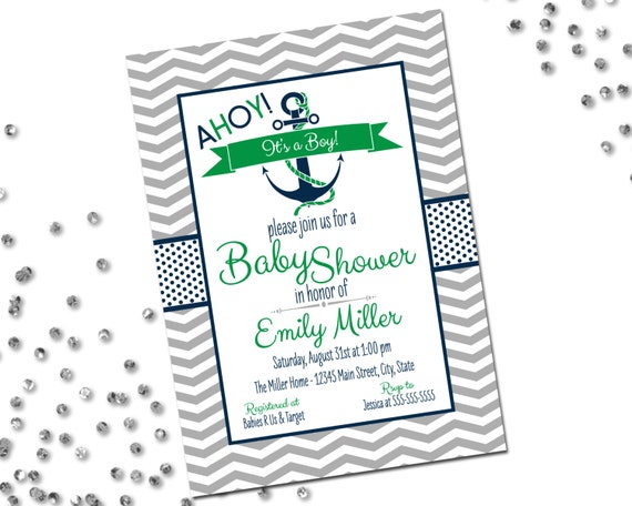 Nautical Baby Shower Invitation - Ahoy Its A Boy - Navy and Green - Chevron Stripes - Printable Il_570xn