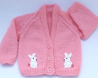 Baby sweater. Baby girl hand knitted sugar pink cardigan to fit 0 to 3 months