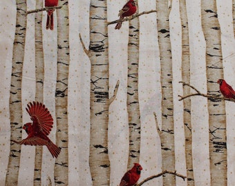 Cotton Woodsy Winter Cardinals Red Birds on Birch Trees Metallic Cotton Fabric Print by the Yard (L7325-20G-NATURAL-GOLD) D776.34