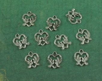 Silver Kissing Doves Flying Over a Heart Charm - Package of 10 pieces