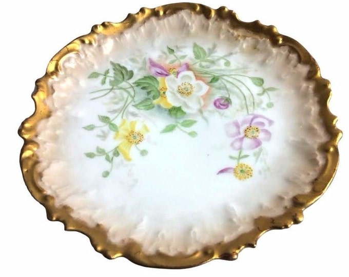 Vintage Limoges China Hand Painted Porcelain Plate with Heavy Gold Paint and Primroses France 7 5/8 Inches