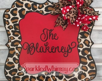 Welcome Door Hanger: Leopard Print Name Sign - valentines door hanger - February - wooden door decoration