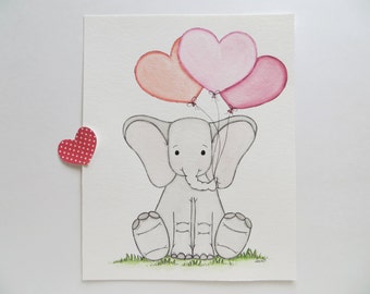Little One, nursery art, baby elephant, original painting, elephant and balloons, pink peach coral, kids wall art, baby shower gift