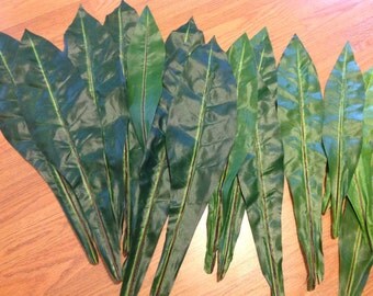 18 Silk Green Big Leaf For Polynesian Costumes. For Hip Hei, Hair Piece. You Will Recieve 18 Leaves. Measures Approximately 14"- 21" Long.