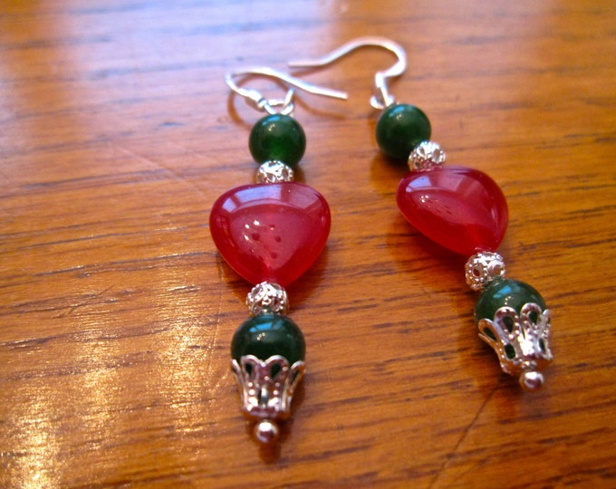 Ruby and Emerald Drop Earrings, Natural Gemstone Beads, Approx. 2.5" long, E904