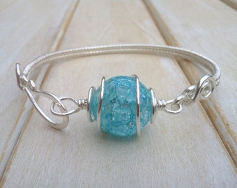 Blue Quartz Bangle - Wire Wrapped Jewellery Handmade - Crackled Quartz Jewellery - Wire Wrapped Bracelet