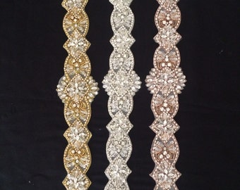 Luxury Bridal Sash Rhinestone Applique in Rose Gold, Gold, Silver