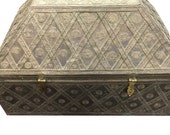 Trunk Intricate Hand Carving Wooden Chest Brass Lattice , Vintage Rustic
