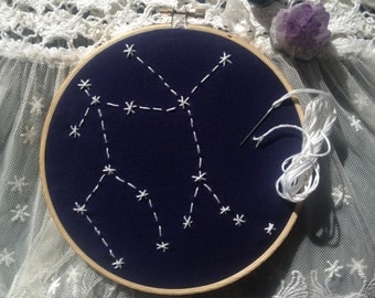 Gemini Constellation Hand Stitched Embroidery Hoop Art