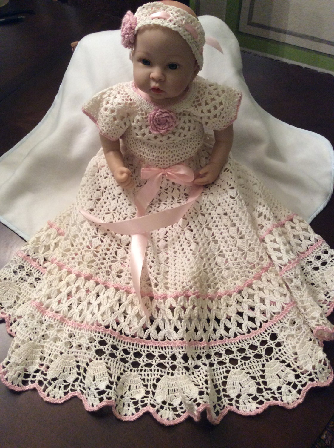 Hand Crochet yoked baby dress and headband christening dress