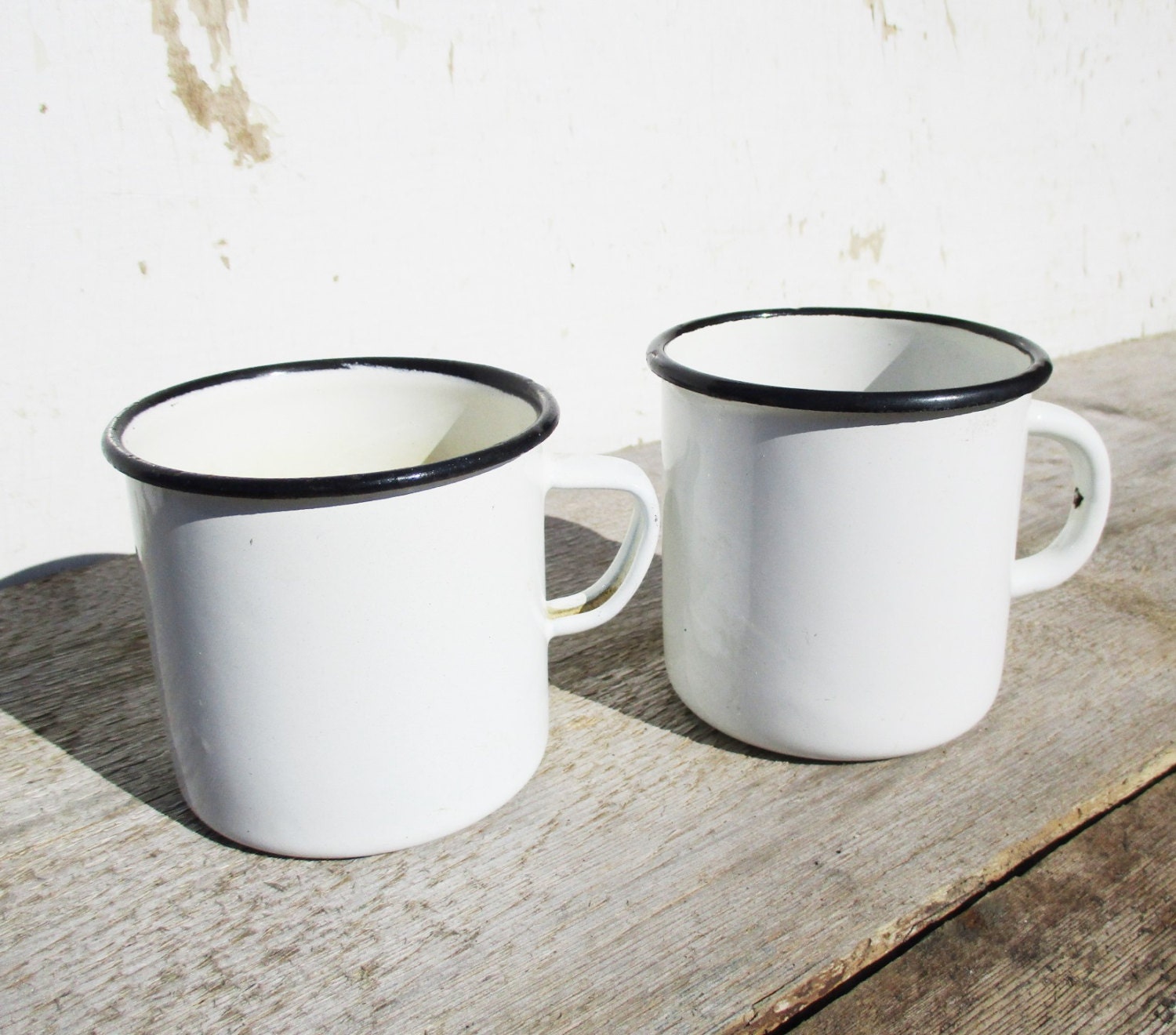 Enamel Mugs Vintage White Enamelware Set of Two Camping