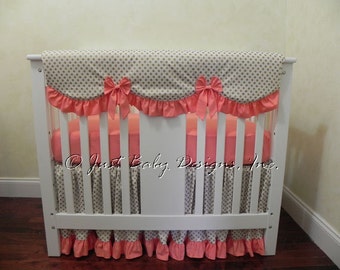 Baby Girl Mini Crib Bedding - Girl Mini Crib Baby Bedding, Crib Rail Cover, Coral and Gold Baby Bedding