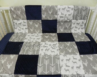 Patchwork Baby Blanket - Gray Deer, Gray Arrows, Navy Minky Dot