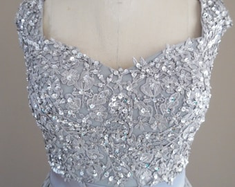 Vintage 1990s Custom Made Silver-Gray/Platinum Bridal, Quineanera, Evening Gown, Prom Dress with Sequin and Bead Embellished Lace Bodice