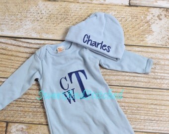 Baby boy monogrammed gown, baby boy take home outfit, monogrammed outfit for boys, newborn hat - Baby boy gift set layette, baby shower gift