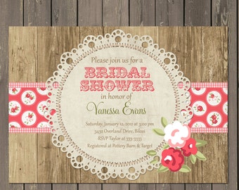 Rose Bridal Shower Invitation, Rustic Wood and Lace Doily Bridal Shower Invitation, Printable or Printed