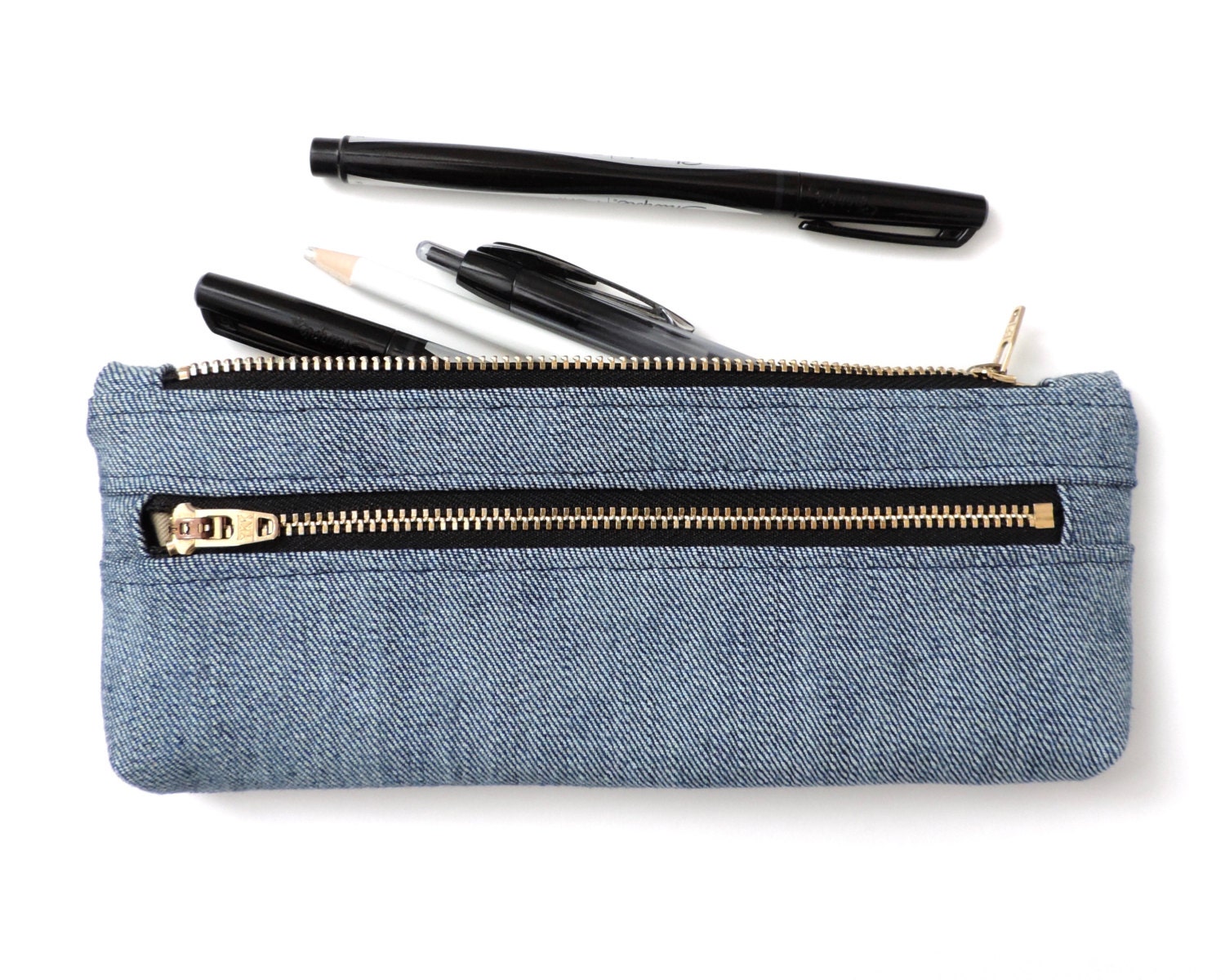 Denim Pencil Case Double Zipper Pencil Pouch
